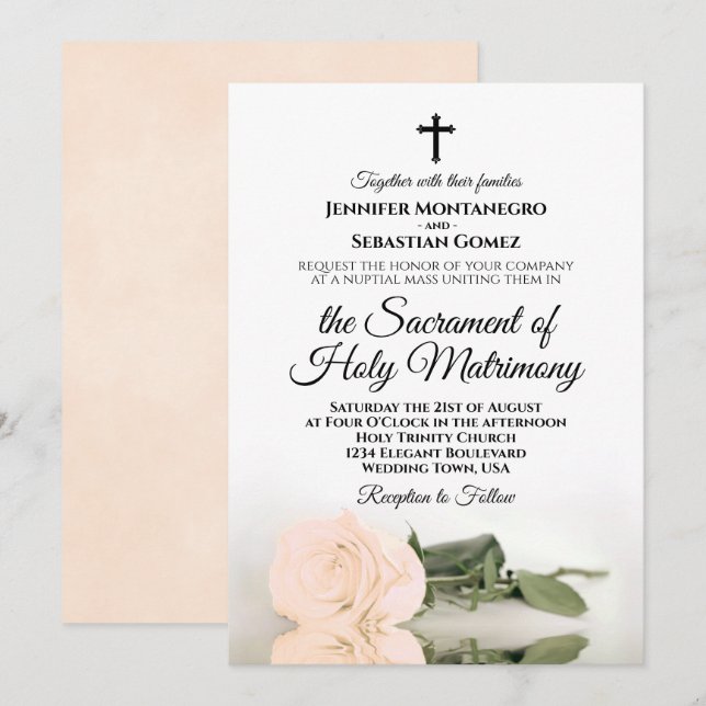 Elegant Pale Peach Rose Modern Catholic Wedding Invitation (Front/Back)
