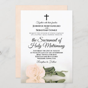 Elegant Pale Peach Rose Modern Catholic Wedding Invitation