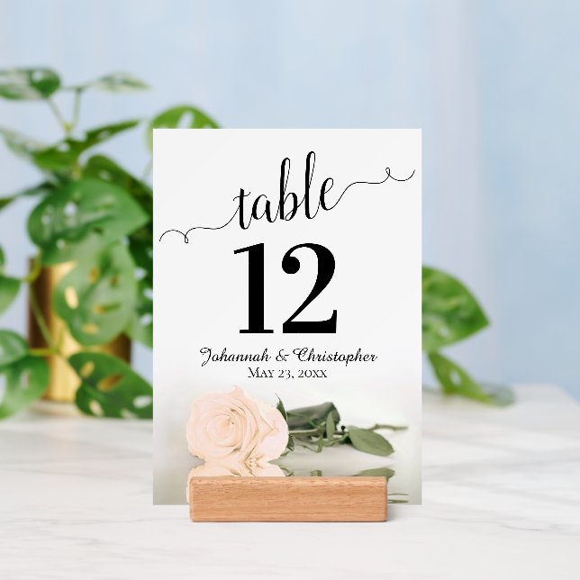 Elegant Pale Peach Rose Wedding Table Number with Holder (Insitu 3)