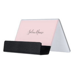 Elegant Pale Pink and Black Script Salon Name Text Desk Business Card Holder