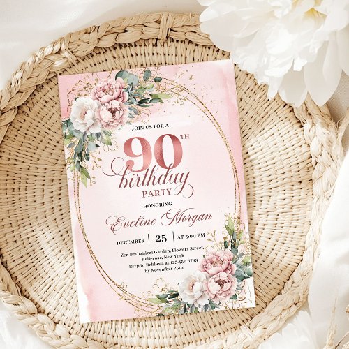 Elegant Pale Pink Gold Eucalyptus 90th Birthday 