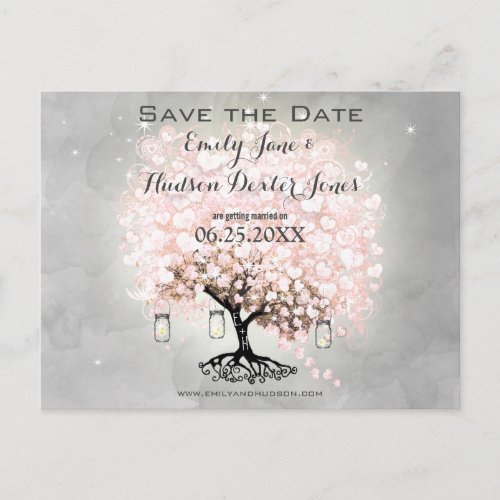 Elegant Pale Pink Heart Leaf Tree Wedding Announcement Postcard