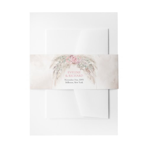 Elegant pale pink roses pampas and sage greenery  invitation belly band