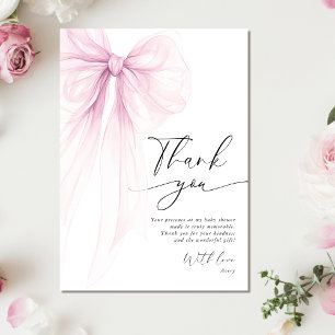 Elegant Pale Pink Watercolor Bow Baby Shower Thank You Card