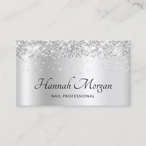 Elegant Pale Silver Satin Ombre Foil and Glitter Business Card