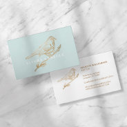 Elegant Pale Teal & Gold Perched Bird Business Card at Zazzle