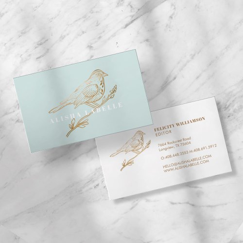 Elegant Pale Teal  Gold Perched Bird Business Card