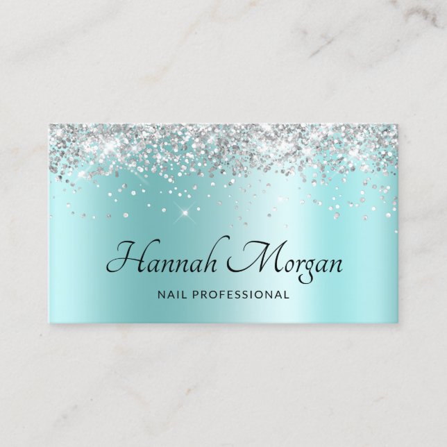 Elegant Pale Turquoise Ombre Silver Glitter Business Card (Front)
