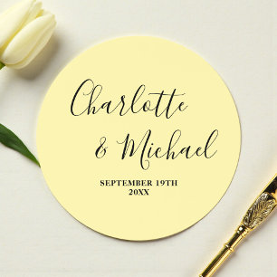 Elegant Pale Yellow Script Minimalist Wedding Classic Round Sticker