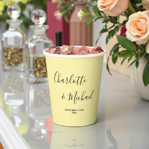 Elegant Pale Yellow Script Minimalist Wedding Paper Cups
