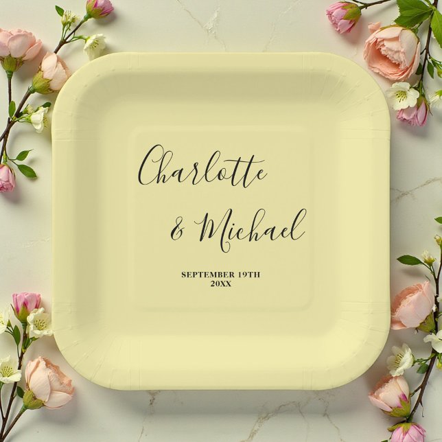 Elegant Pale Yellow Script Minimalist Wedding Paper Plates (Creator Uploaded)