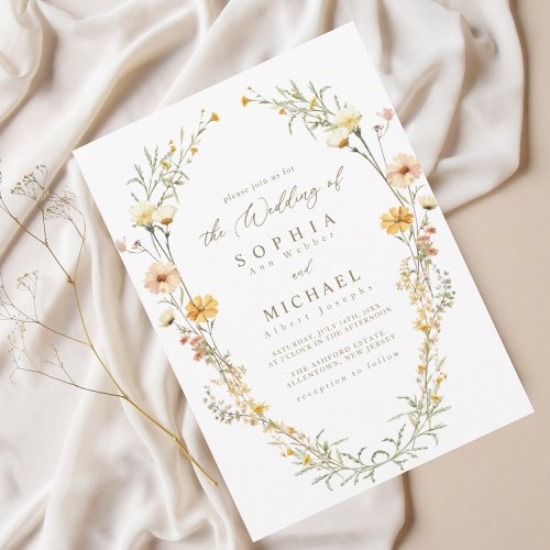 Elegant Pale Yellow Watercolor Wildflowers Wedding Invitation