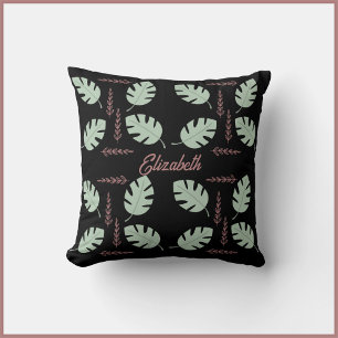 Elegant Palm & Branch Sage Green & Dusty Rose Pink Throw Pillow