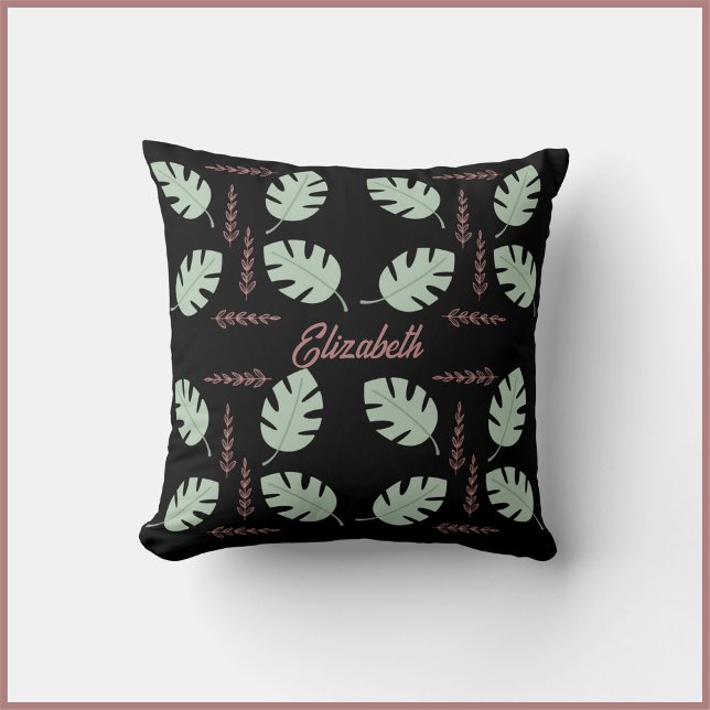 Elegant Palm & Branch Sage Green & Dusty Rose Pink Throw Pillow (Creator Uploaded)