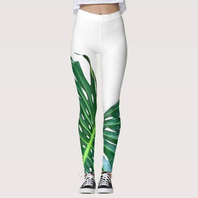 Elegant Palm Leaf tropical jungle rainforest leaf Leggings (Front)