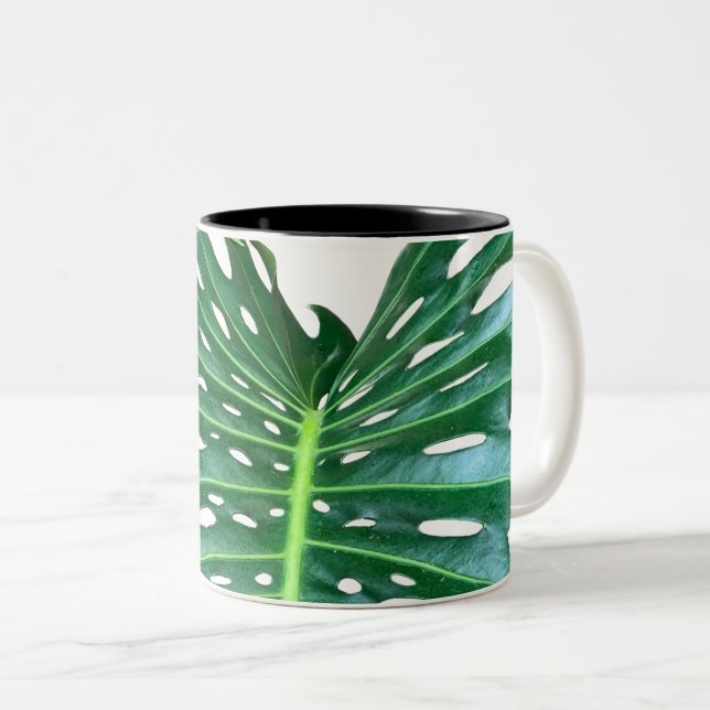 Elegant Palm Leaf tropical jungle rainforest leaf Two-Tone Coffee Mug (Front Right)