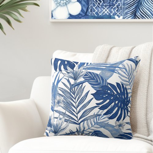 Elegant Palm Leaves Blue White Throw Pillow