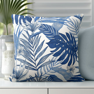 Elegant Palm Leaves Blue White Throw Pillow