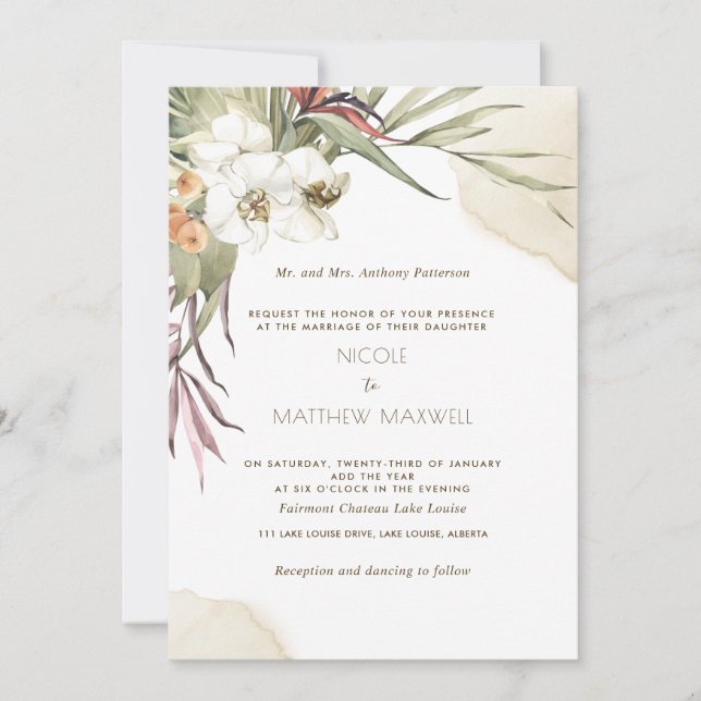Elegant Palm Leaves Floral, Cream Wedding Invitation (Front)