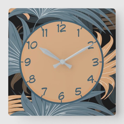 Elegant Palm Leaves Foliage Gray Beige Pattern Square Wall Clock