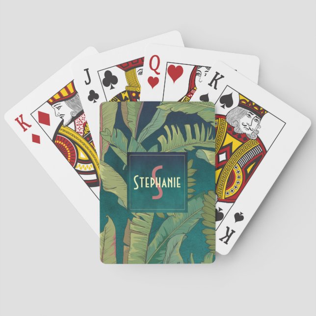 Elegant Palm Leaves on Teal Watercolor Monogram Poker Cards (Back)