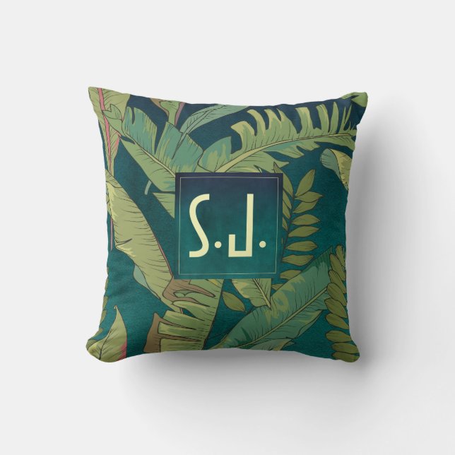 Elegant Palm Leaves on Teal Watercolor Monogram Throw Pillow (Front)