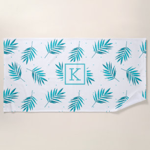 Elegant palm leaves pattern blue-green and white beach towel