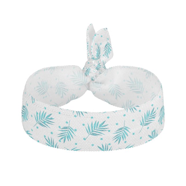 Elegant palm leaves pattern blue-green and white elastic hair tie (Front)
