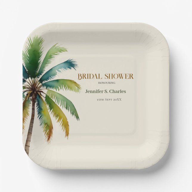 Elegant Palm Tree beach beige bridal shower  Paper Plates (Front)