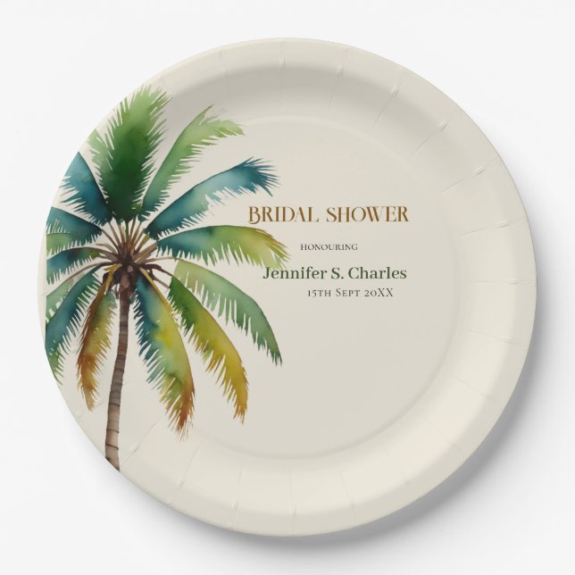 Elegant Palm Tree beach beige bridal shower  Paper Plates (Front)