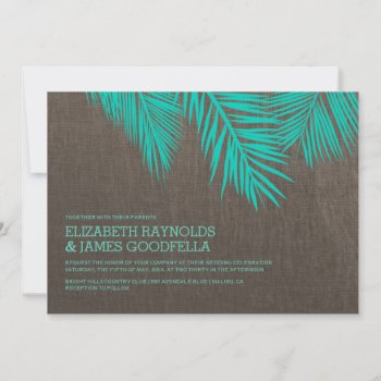 Elegant Palm Tree Burlap Wedding Invitations by topinvitations at Zazzle