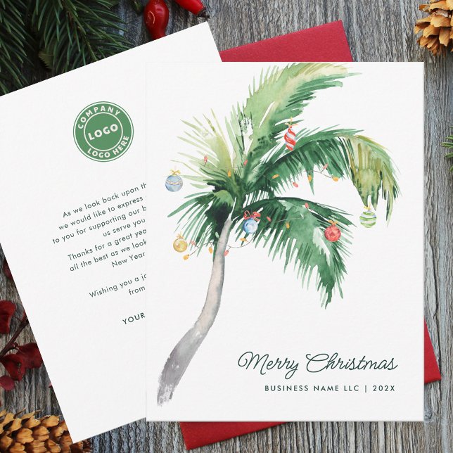 Elegant Palm Tree Christmas Holiday Card (Business Logo Decorated Palm Tree Christmas Company Greetings Card)