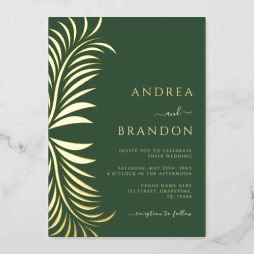 Elegant Palm Tree Leaves Wedding All in One Gold Foil Invitation