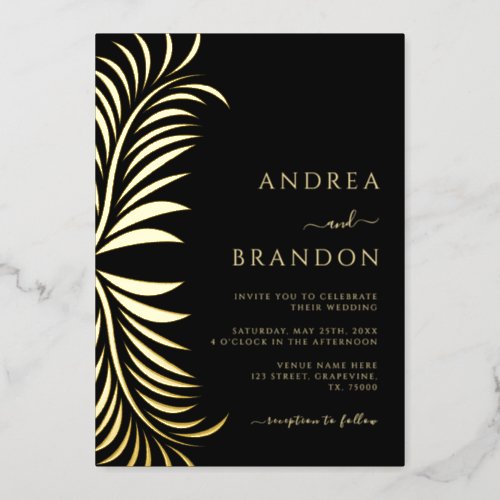 Elegant Palm Tree Leaves Wedding All in One Gold Foil Invitation