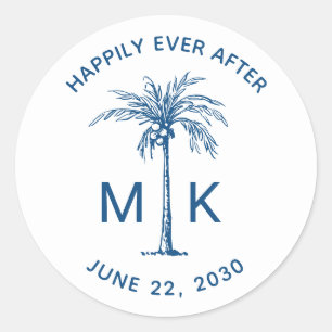 Elegant Palm Tree Monogram Blue Tropical Wedding Classic Round Sticker