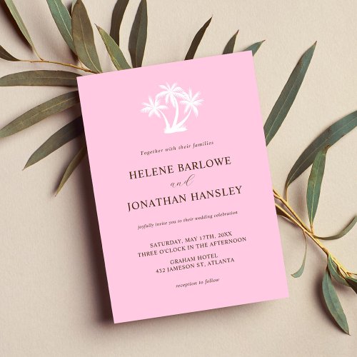 Elegant Palm Tree Pink Tropical Minimalist Wedding Invitation