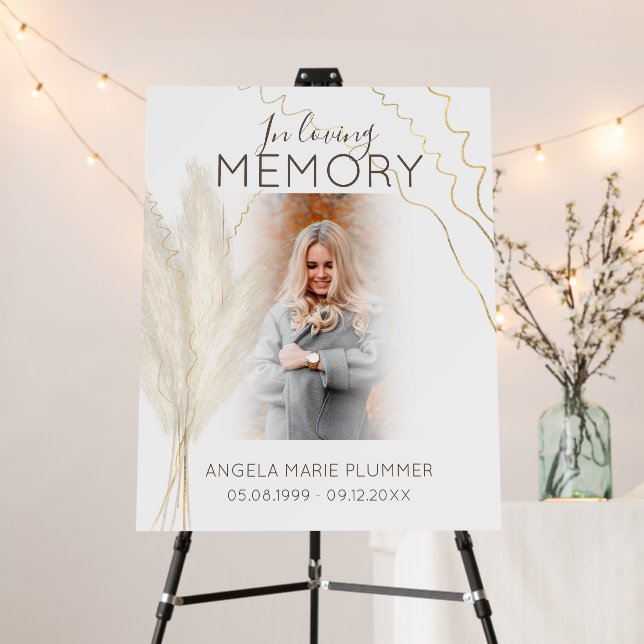 Elegant Pampas And Gold Boho | Photo Memorial Foam Board (In Situ (Stand))