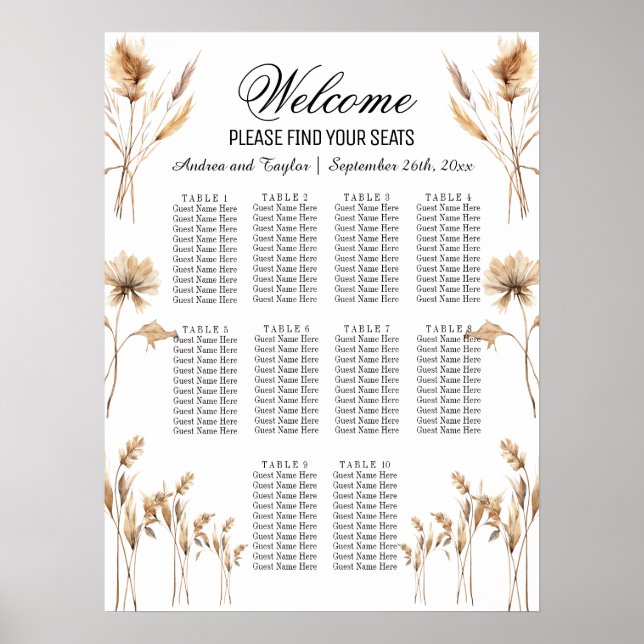 Elegant Pampas Grass 10 Tables Wedding Seating Poster (Front)