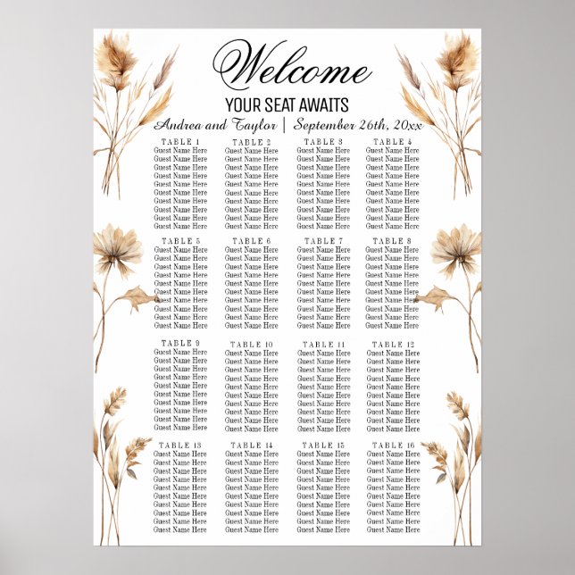 Elegant Pampas Grass 16 Tables Wedding Seating Poster (Front)