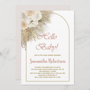 Elegant Pampas Grass Boho Floral Rose Baby Shower Invitation