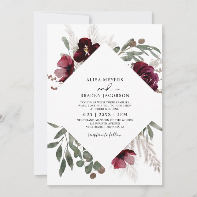 Elegant Pampas Grass Burgundy Roses Wedding Invita Invitation (Front)