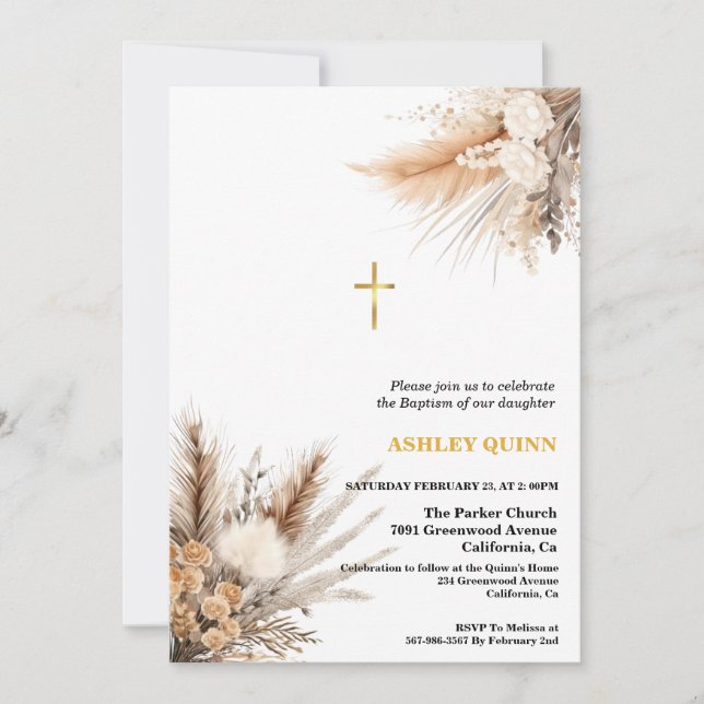 Elegant Pampas Grass Cross Baptism & Christening Invitation (Front)