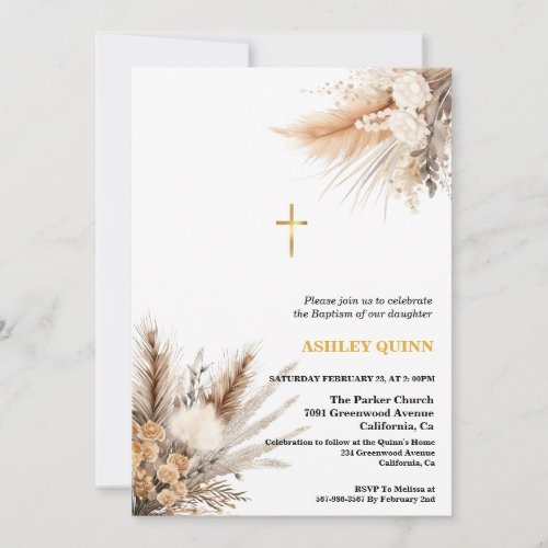 Elegant Pampas Grass Cross Baptism  Christening Invitation