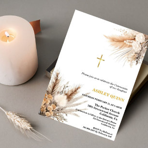 Elegant Pampas Grass Cross First Communion Invitation