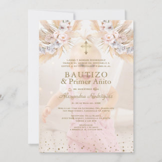 Elegant Pampas Grass Floral Primer Añito Bautizo Invitation
