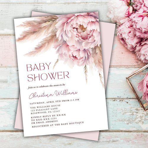 Elegant Pampas Grass Peonies Baby Shower Invitation