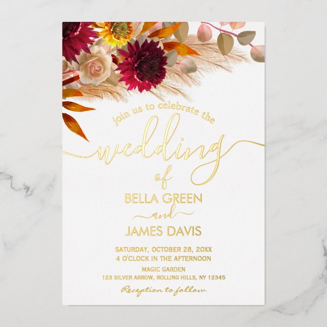Elegant Pampas Grass Photo Wedding Party  Foil Invitation (Front)