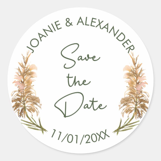 Elegant Pampas Grass Wedding Save the Date Classic Round Sticker (Front)