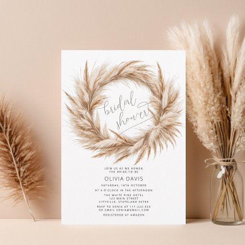 Elegant Pampas Grass Wreath Bridal Shower Invitation