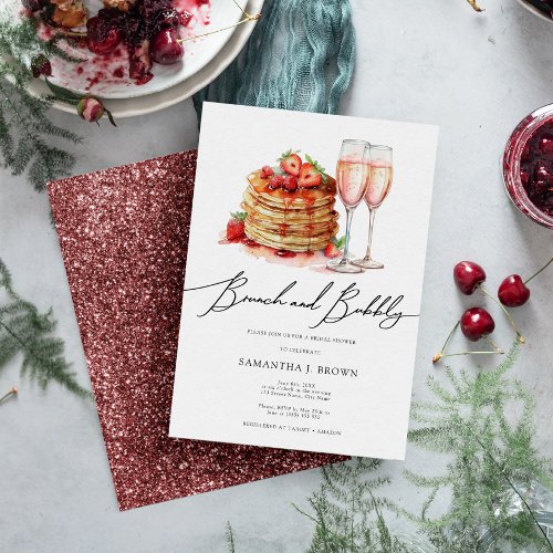 Elegant Pancakes Pink Glitter Bridal Brunch  Invitation